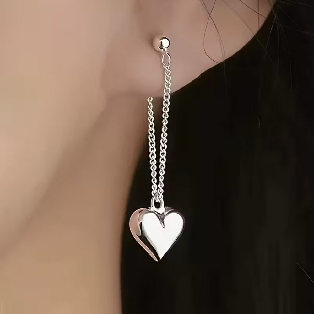 Puffy Heart Earrings Dangle Drop Chain Silver Stylish Trendy Hollywood Glam Love